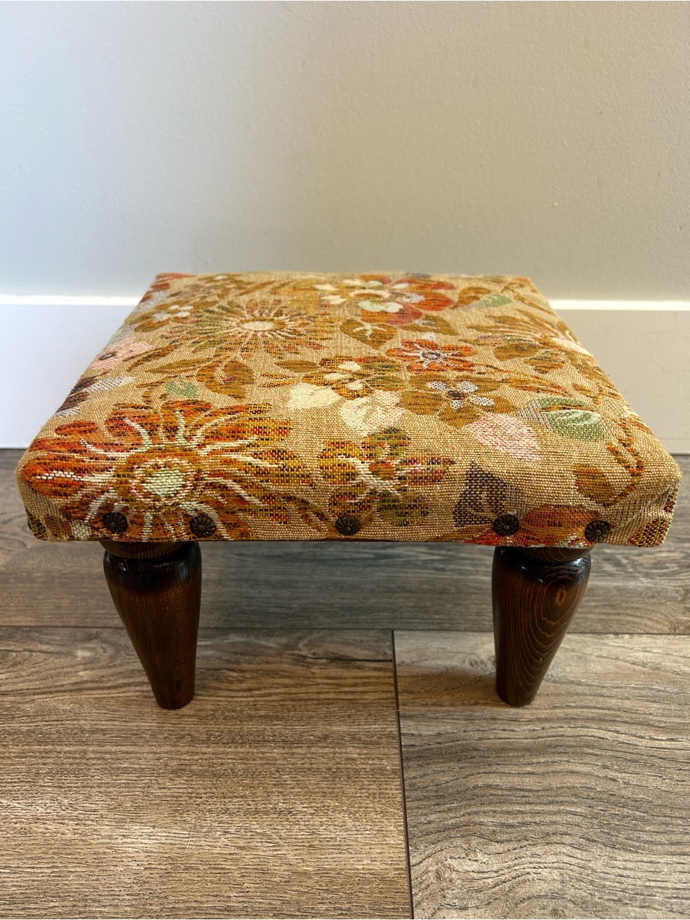 Antique Vintage Floral Upholstered Footstool Embroidered Tapestry Wooden Legs
